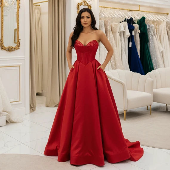 Red strapless A-line satin dress with sequin bust and thigh-high slit