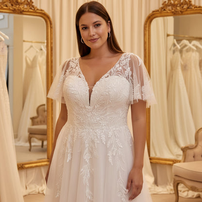 Ivory lace wedding dress with V-neckline, detailed appliqué bodice, and flutter sleeves
