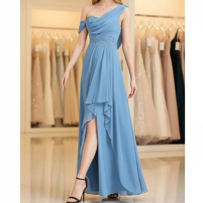 Navy one-shoulder chiffon A-line dress with slit-style asymmetrical ruffle overlay at hem