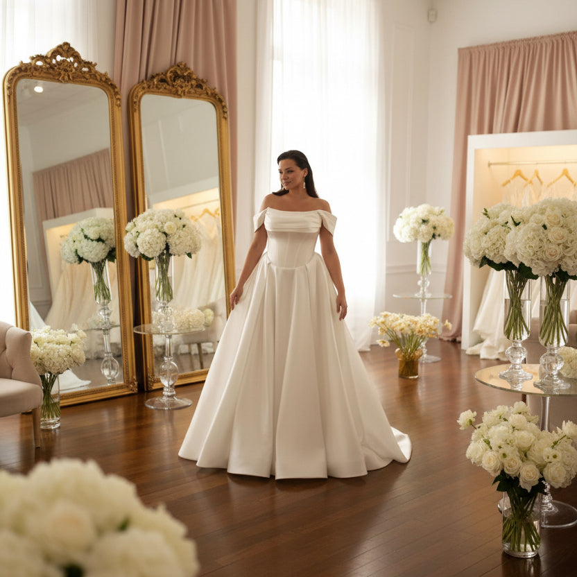 Ivory satin A-line wedding dress, off-shoulder neckline with pleated bodice and skirt