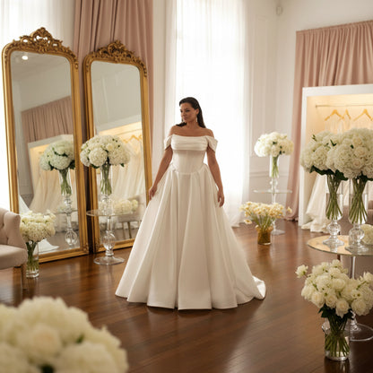 Ivory satin A-line wedding dress, off-shoulder neckline with pleated bodice and skirt