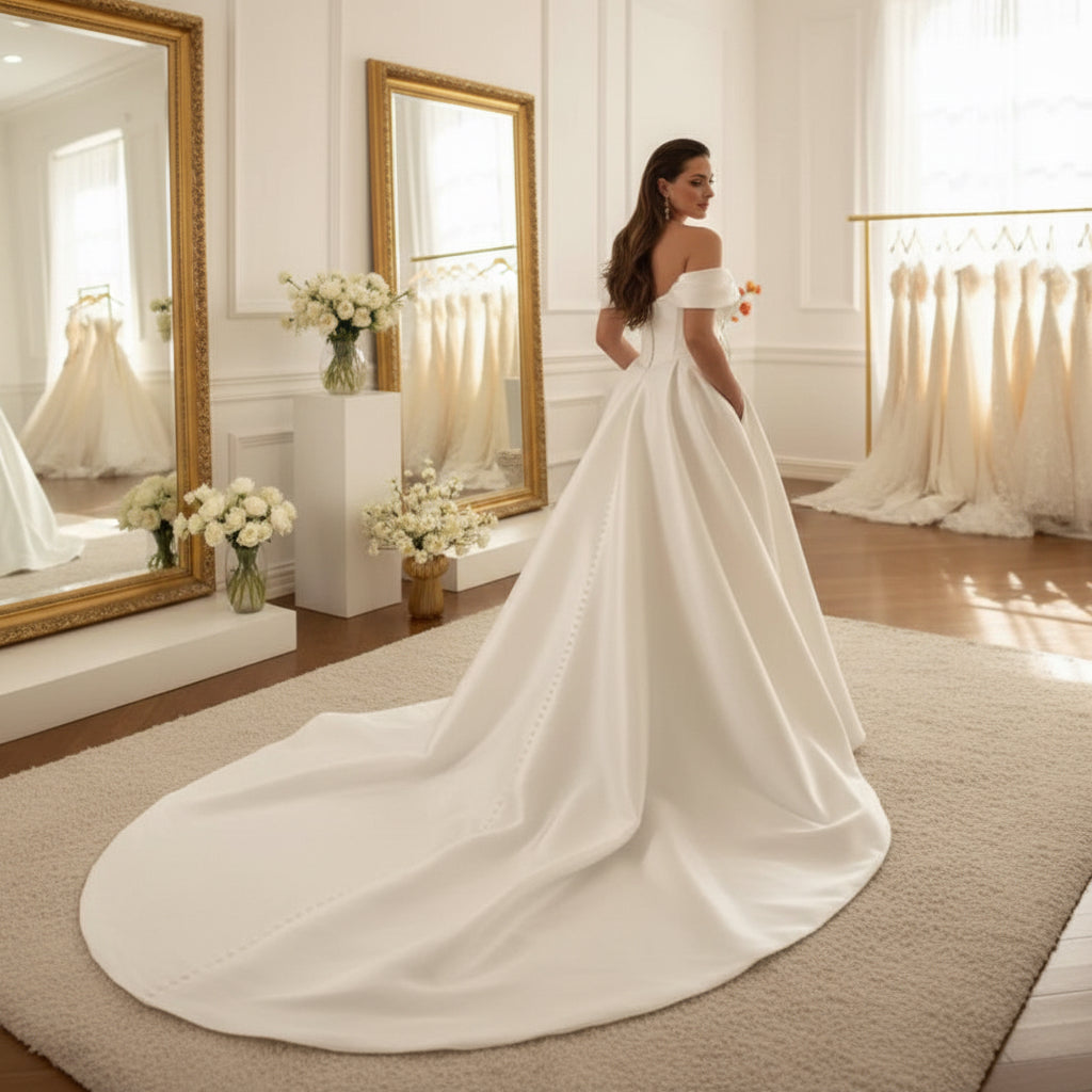 Ivory satin wedding dress with off-shoulder neckline, pleated waist, flowing A-line skirt
