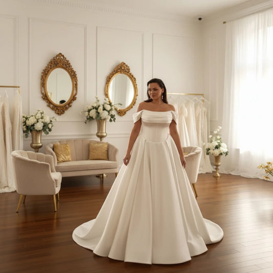 Ivory satin wedding dress, off-shoulder pleated bodice and full A-line skirt