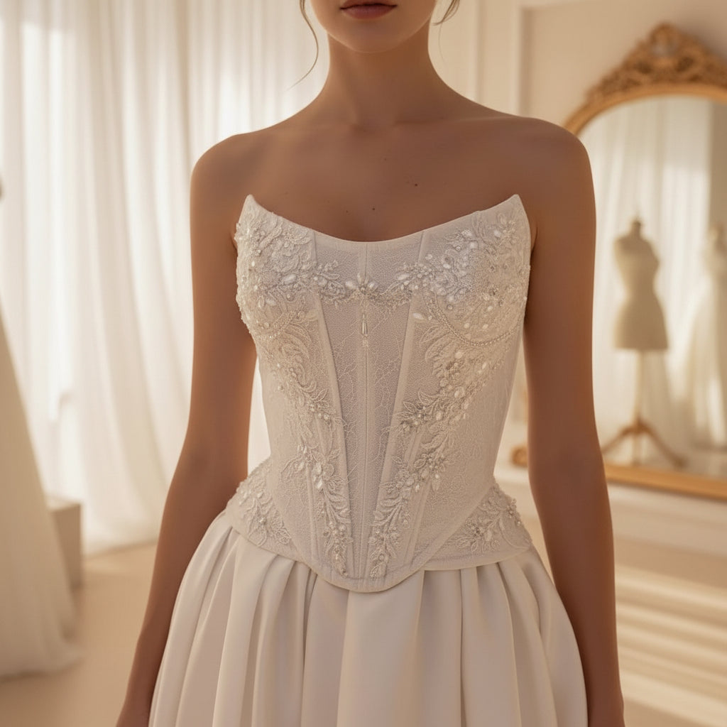 White satin bridal dress with lace corset bodice, sweetheart neckline, and flowing slit skirt