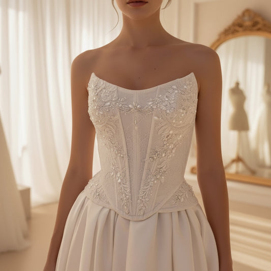 White satin bridal dress with lace corset bodice, sweetheart neckline, and flowing slit skirt