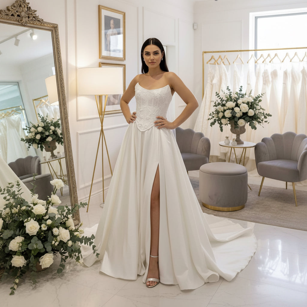 White A-line satin bridal dress with lace bodice and full skirt with front slit