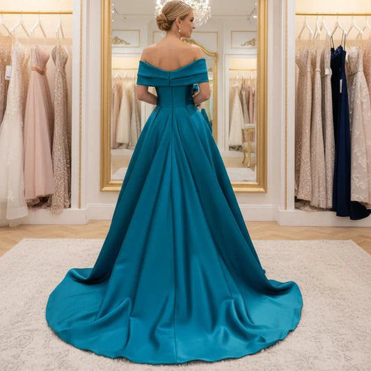 Off-shoulder satin A-line formal dress in bright aqua, front bow detail