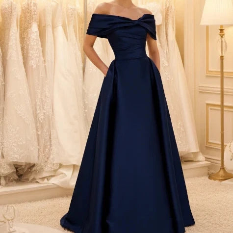 Navy satin off-shoulder A-line evening dress with neckline bow
