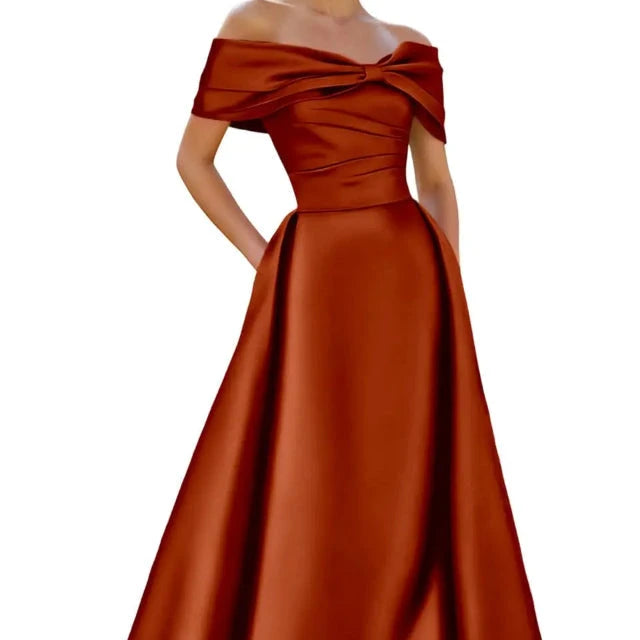 Burnt orange satin off-shoulder A-line evening dress with neckline bow