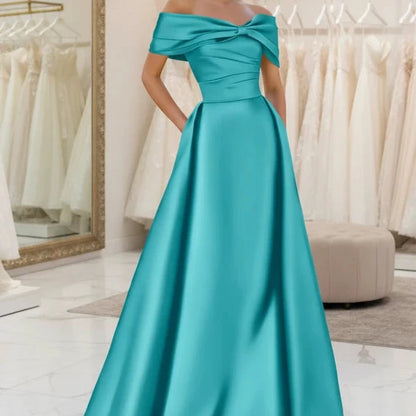 Aqua satin off-shoulder A-line evening dress with neckline bow