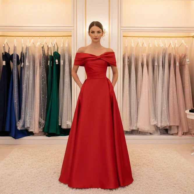 Red satin off-shoulder A-line evening dress with neckline bow