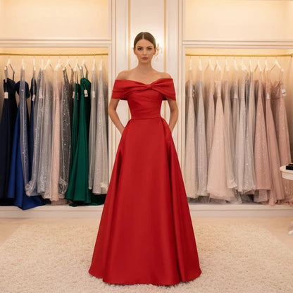 Red satin off-shoulder A-line evening dress with neckline bow