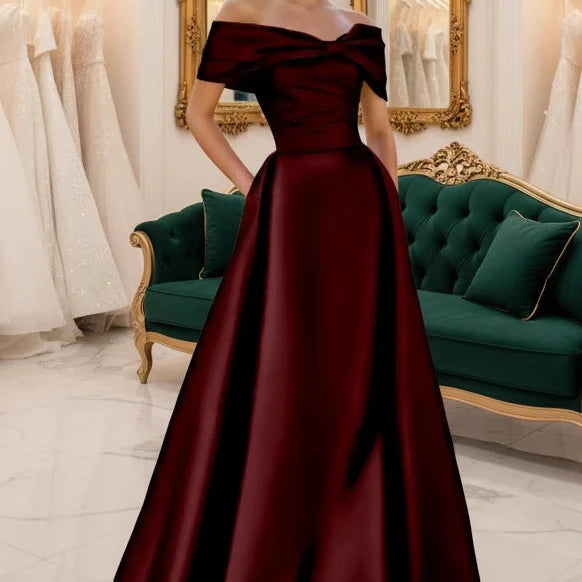 Burgundy satin off-shoulder A-line evening dress with neckline bow