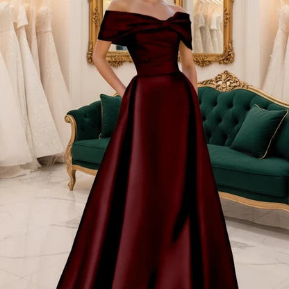 Burgundy satin off-shoulder A-line evening dress with neckline bow