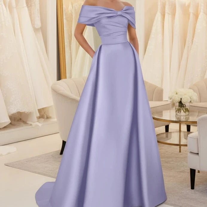 Lavender satin off-shoulder A-line evening dress with neckline bow