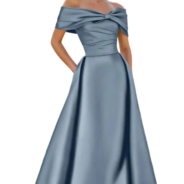 Dusty blue satin off-shoulder A-line evening dress with neckline bow