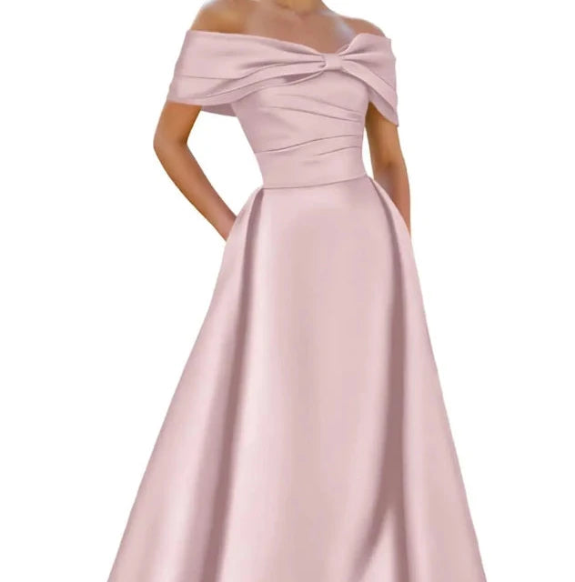Dusty rose satin off-shoulder A-line evening dress with neckline bow