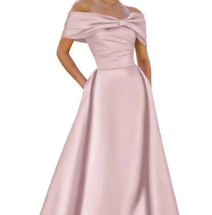 Dusty rose satin off-shoulder A-line evening dress with neckline bow