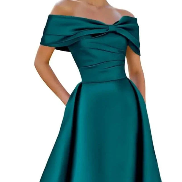 Teal A-line satin off-shoulder formal evening dress with twisted bow neckline