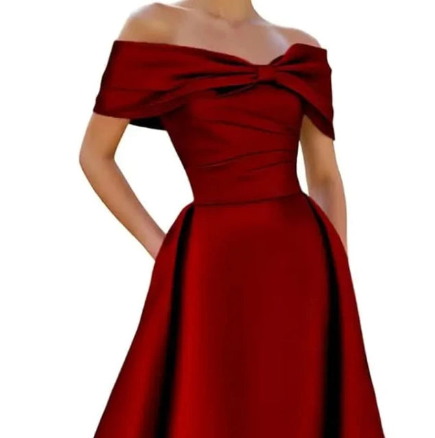 Deep red satin off-shoulder A-line evening dress with neckline bow