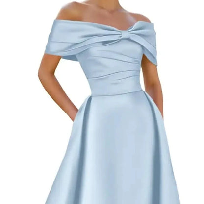 Light blue satin off-shoulder A-line evening dress with neckline bow