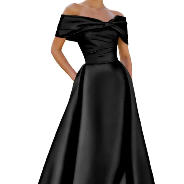 Black A-line satin off-shoulder formal evening dress with draped bow at neckline