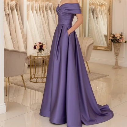 Off-shoulder satin A-line formal dress in purple, front bow detail