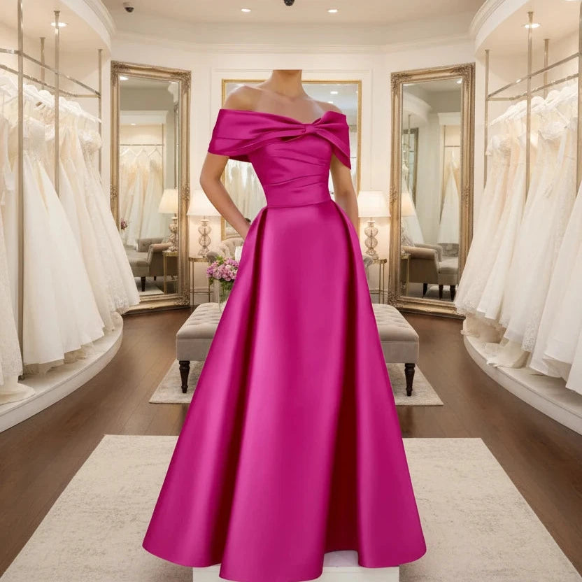 Off-shoulder satin A-line formal dress in fuchsia pink, front bow detail