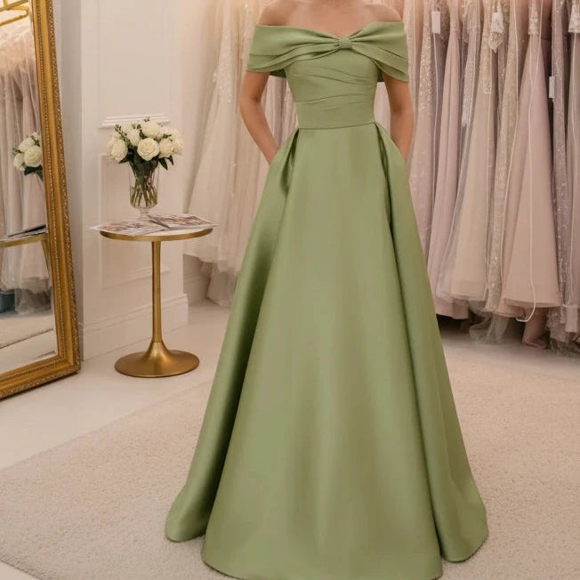 Off-shoulder satin A-line formal dress in olive green, front bow detail