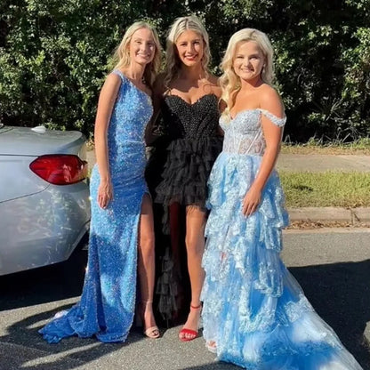 Light blue glitter lace tiered formal gown with sweetheart neckline and off-shoulder straps