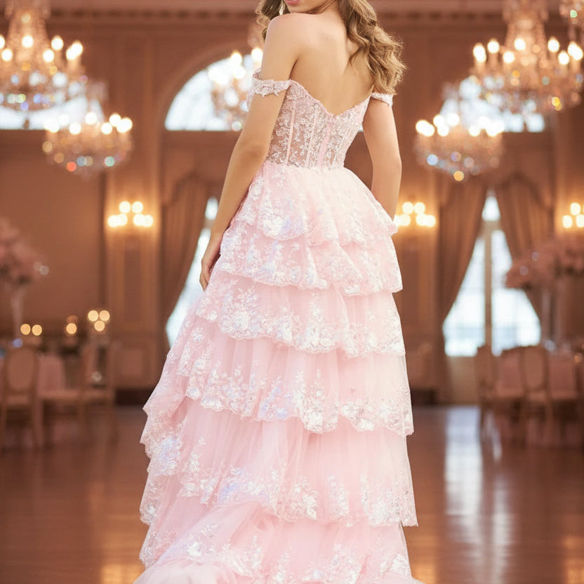Pink sparkly lace formal gown with sweetheart bodice and tiered ruffle skirt