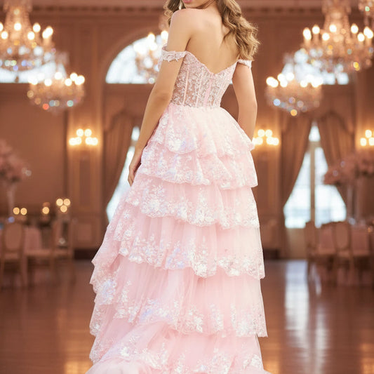 Pink sparkly lace formal gown with sweetheart bodice and tiered ruffle skirt