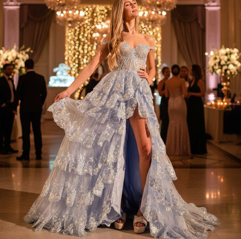 Light blue off-shoulder glitter lace tiered gown with front slit and corset-style bodice