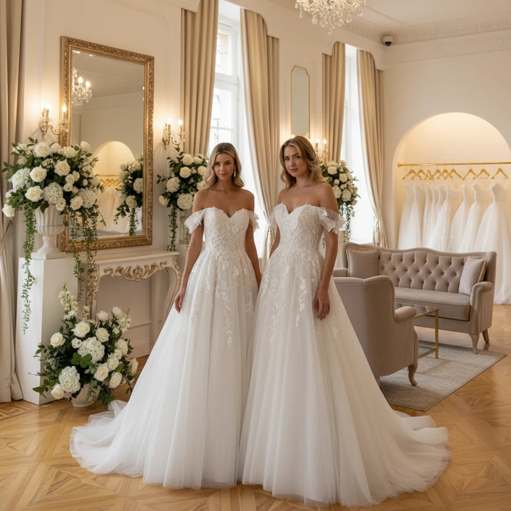 Off-shoulder lace A-line wedding dress with scalloped bodice and layered tulle skirt