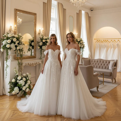 Off-shoulder lace A-line wedding dress with scalloped bodice and layered tulle skirt