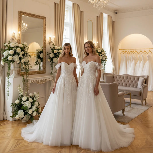 Off-shoulder lace A-line wedding dress with scalloped bodice and layered tulle skirt