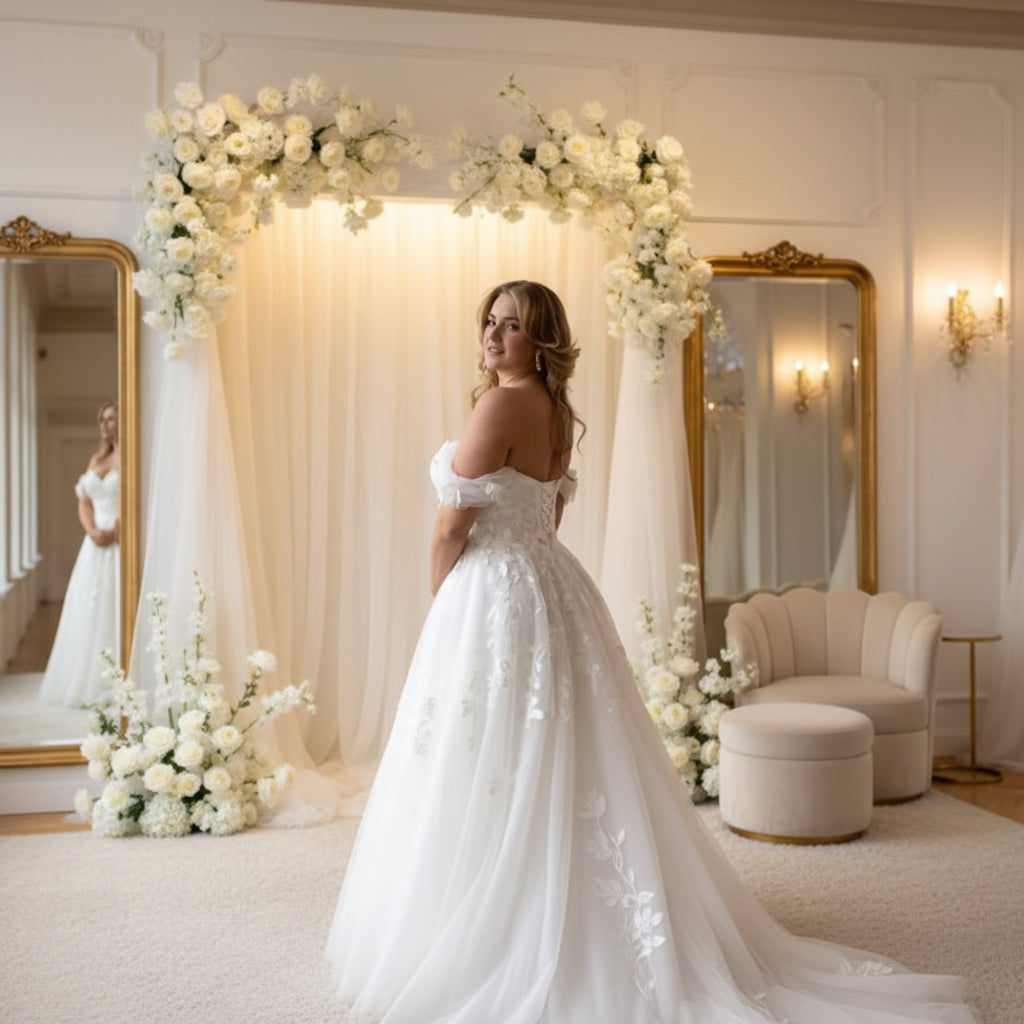 Off-shoulder lace wedding dress with floral appliqué bodice and layered tulle skirt