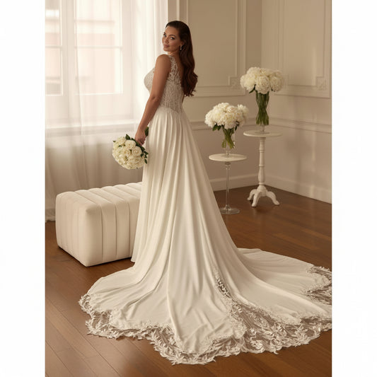 Ivory A-line wedding dress with V-neck lace top, flowing skirt, and lace train hem