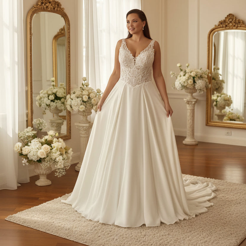Ivory A-line wedding dress with lace V-neck bodice, sleeveless straps, and full skirt