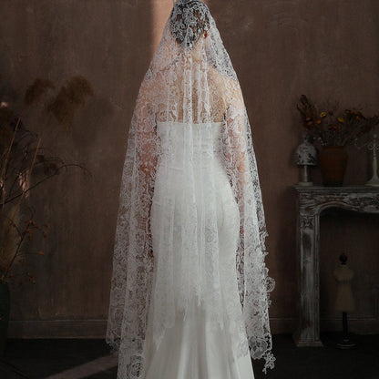 Ivory lace wedding veil, full-length sheer tulle with floral edge detail