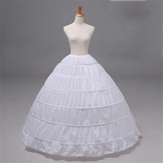 White 6-hoop crinoline petticoat with layered horizontal ruffles and wide skirt