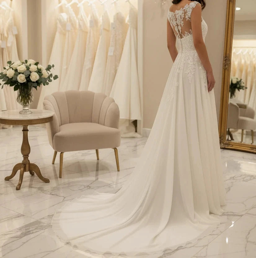 Ivory A-line organza wedding dress with lace bodice and flowing organza skirt