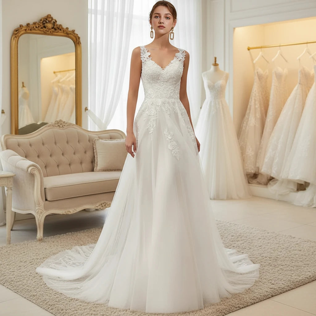 Ivory A-line organza wedding dress with lace appliqué and V-neck bodice