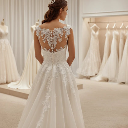 Ivory A-line organza wedding dress with lace back appliqué and fitted bodice