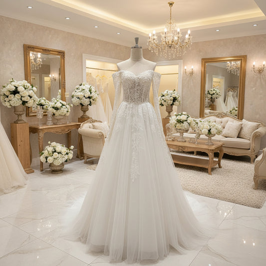 Ivory bohemian lace wedding dress with off-shoulder neckline and sheer lace bodice