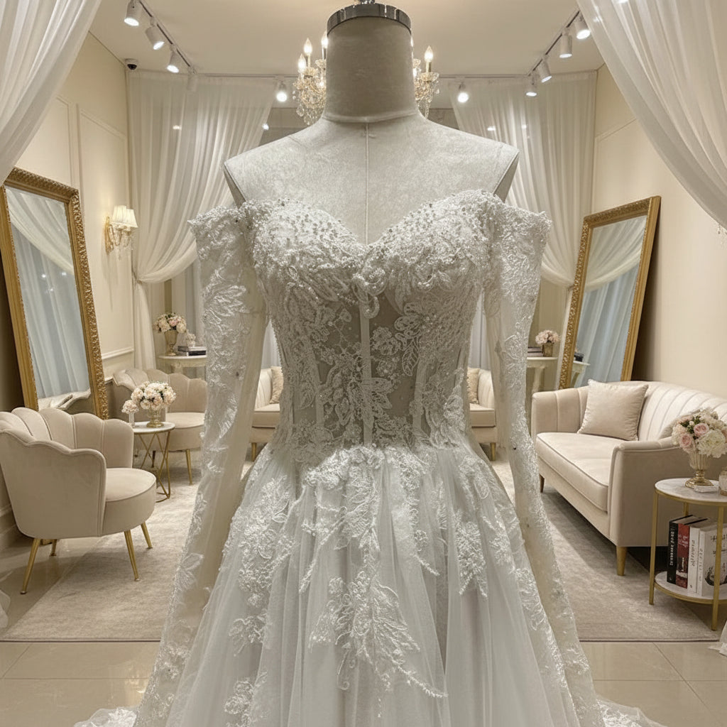 Ivory lace wedding dress with textured lace bodice and scalloped off-shoulder style straps