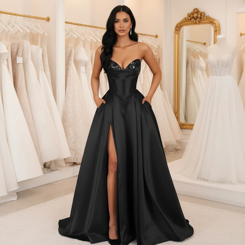 Strapless A-line satin dress with sequin bust and front slit, black.