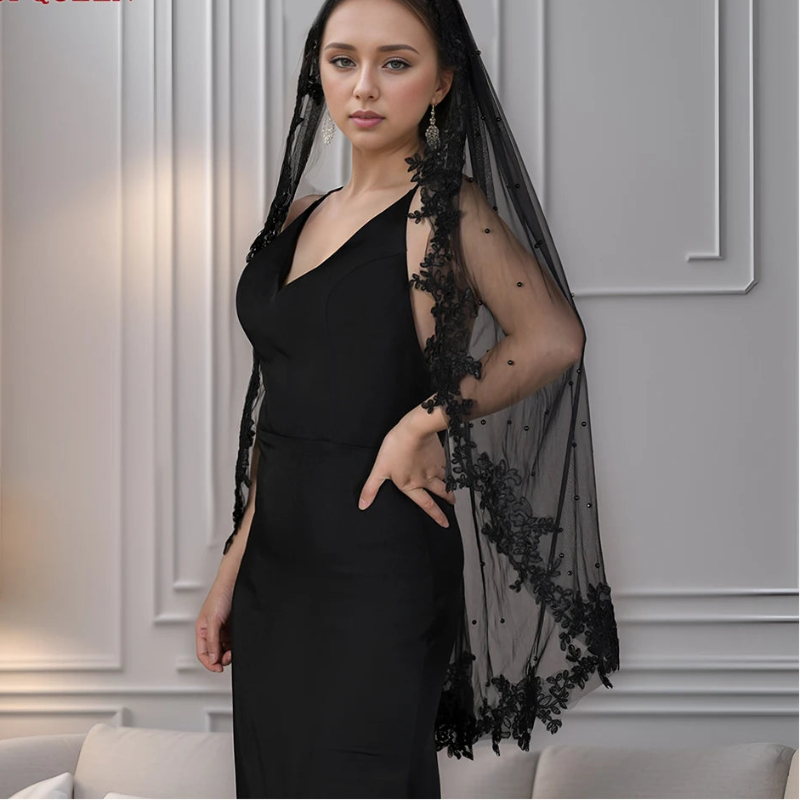 Black sheer wedding veil with scalloped lace appliques along the edge