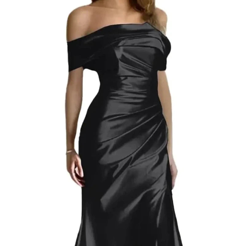Black off-shoulder satin mermaid formal dress with ruched bodice