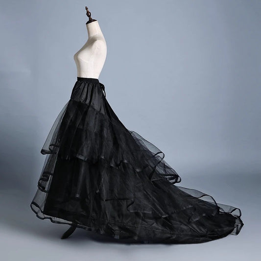 Black tulle cathedral-train wedding petticoat with layered ruffle tiers